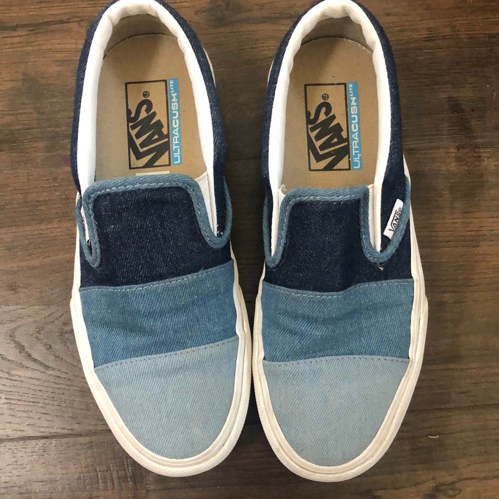 vans platform ultra Cush lite slip ons in denim.